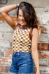 Brown Checkered Ribbed Trim Knit Sweater Vest